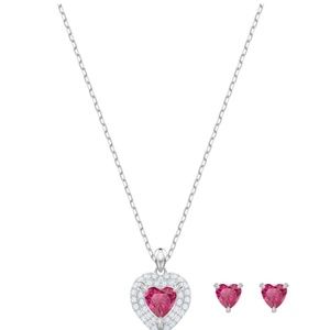 Swarovski One Set Red Heart Studs Earrings and Necklace set
